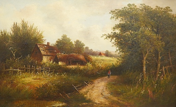 George Bates (act. 1883-1888), oil on canvas, 'A Lane near Stratford upon Avon', signed and dated 1878, 39 x 60cm, ornate gilt frame. Condition - good, some craquelure throughout